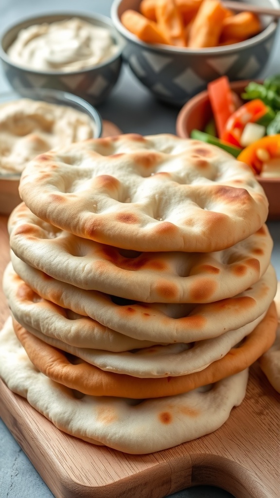 Yogurt Pita Bread Recipe A stack of warm yogurt pita bread on a wooden board, with bowls of hummus and fresh vegetables in the background.